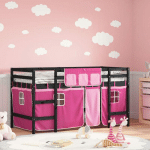 LIT MEZZANINE ENFANTS ET RIDEAUX ROSE 90X190CM BOIS PIN MASSIF