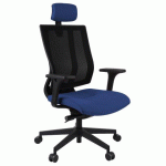 FAUTEUIL DE BUREAU ERGONOMIQUE MAXPRO NOIR, TISSU ET MAILLE, AVEC ACCOUDOIRS 2D ET APPUI-TÊTE, MÉCANISME SYNCHRONE, PIEDS NOIRS - BLEU