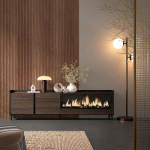 SKRAUT HOME - MEUBLE TV EFFET BOIS DE CHÊNE ET NOIR 212X35X61CM CHEMINÉE EFFET FEU