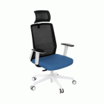 CHAISE DE BUREAU ERGONOMIQUE COCO TISSU ET MAILLE, AVEC ACCOUDOIRS 3D ET APPUIE-TÊTE, MÉCANISME SYNCHRONE, PIEDS BLANCS - BLEU