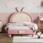 LIT SIMPLE D'ENFANT 90X200CM, CADRE DE LIT EN TISSU VELOURS, AVEC SOMMIER À LATTES, TÊTE DE LIT RONDE AVEC DES OREILLES DE LAPIN, ROSE