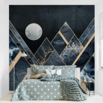 PAPIER PEINT INTISSÉ - GOLDEN MOON ABSTRACT BLACK MOUNTAINS - MURAL CARRÉ DIMENSION HXL: 336CM X 336CM