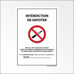 PANNEAU D'INTERDICTION - INTERDICTION DE VAPOTER - AVEC DÉCRET  - 210 X 150 MM - VINYLE SOUPLE AUTOCOLLANT - LOT DE 2