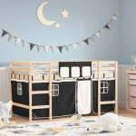 LIT MEZZANINE ENFANTS ET RIDEAUX BLANC/NOIR 90X200CM PIN MASSIF - VIDAXL