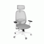 FAUTEUIL DE BUREAU ERGONOMIQUE NODI, TISSU ET MAILLE, AVEC ACCOUDOIRS 3D ET APPUI-TÊTE, MÉCANISME SYNCHRONE, PIEDS BLANCS - GRIS CLAIR