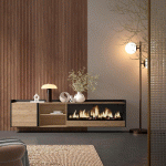 SKRAUT HOME - MEUBLE TV EFFET BOIS DE CHÊNE ET NOIR 212X35X50CM CHEMINÉE EFFET FEU