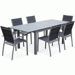 SWEEEK - SALON DE JARDIN TABLE EXTENSIBLE - CHICAGO 210 - TABLE EN ALUMINIUM 150/210CM AVEC RALLONGE ET 6 ASSISES EN TEXTILÈNE GRIS / GRIS FONCÉ