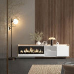 SKRAUT HOME - MEUBLE TV EFFET BOIS BLANC ET CHÊNE 212X35X50CM CHEMINÉE EFFET FEU XXL