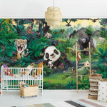 PAPIER PEINT INTISSÉ - ANIMAL CLUB INTERNATIONAL - JUNGLE WITH ANIMALS - MURAL FORMAT PAYSAGE DIMENSION HXL: 225CM X 336CM