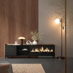 SKRAUT HOME - MEUBLE TV EFFET BOIS NOIR ET CHÊNE 212X35X61CM CHEMINÉE EFFET FEU XXL