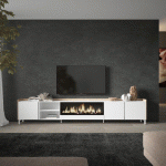 SKRAUT HOME - MEUBLE TV EFFET BOIS BLANC ET CHÊNE 315X35X61CM CHEMINÉE EFFET FEU XXL