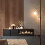 SKRAUT HOME - MEUBLE TV EFFET BOIS NOIR ET CHÊNE 212X35X50CM CHEMINÉE EFFET FEU XXL