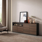 SKRAUT HOME - BUFFET SALON ET CUISINE, 207X80X37 CM, 4 PORTES, CHEMINÉE ÉLECTRIQUE, CHÊNE FONCÉ ET NOIR