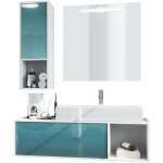 VLADON - ENSEMBLE DE MEUBLES DE BAINS COMPLET MIROIR ARMOIRE LA COSTA BLANC MAT - FAÇADES EN TURQUOISE HAUTE BRILLANCE AVEC VASQUE ET ROBINET