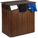 PANIER À LINGE, 3 COMPARTIMENTS, AVEC COUVERCLE, TRIEUR RECTANGULAIRE, HXLXP : 62X62,5X42,5 CM, BAMBOU, MARRON - RELAXDAYS