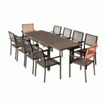 ENSEMBLE TABLE DE JARDIN EXTENSIBLE ALUMINIUM 135/270CM + 10 FAUTEUILS EMPILABLES CORDE ANTHRACITE ET ORANGE-YERAZ AVRIL PARIS