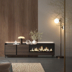 SKRAUT HOME - MEUBLE TV EFFET BOIS DE CHÊNE ET NOIR 212X35X61CM CHEMINÉE EFFET FEU