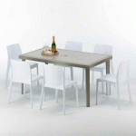 TABLE RECTANGULAIRE ET 6 CHAISES POLY ROTIN RESINE ENSEMBLE BAR CAFÈ EXTERIEUR 150X90 BEIGE MARION CHAISES MODÈLE: ROME BLANC