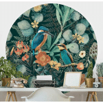 PAPIER PEINT ROND AUTOCOLLANT - FLORAL PARADISE KINGFISHER AND HUMMINGBIRD Ø 50CM