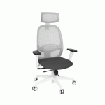 FAUTEUIL DE BUREAU ERGONOMIQUE NODI, TISSU ET MAILLE, AVEC ACCOUDOIRS 3D ET APPUI-TÊTE, MÉCANISME SYNCHRONE, PIEDS BLANCS - GRIS FONCÉ