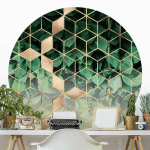 PAPIER PEINT ROND AUTOCOLLANT - ELISABETH FREDRIKSSON - GREEN LEAVES GOLDEN GEOMETRY Ø 50CM