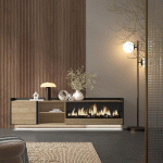 SKRAUT HOME - MEUBLE TV EFFET BOIS DE CHÊNE ET NOIR 212X35X50CM CHEMINÉE EFFET FEU