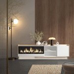 SKRAUT HOME - MEUBLE TV EFFET BOIS BLANC ET CHÊNE 212X35X50CM CHEMINÉE EFFET FEU XXL