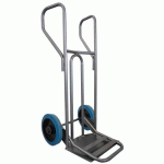 DIABLE ACIER TABLIER INCURVÉ POIGNÉE FERMÉE GRANDE PELLE 250 KG ROUES CAOUTCHOUC BLEU, BAVETTE RABATTABLE