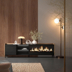 SKRAUT HOME - MEUBLE TV EFFET BOIS NOIR ET CHÊNE 212X35X61CM CHEMINÉE EFFET FEU XXL