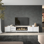 SKRAUT HOME - MEUBLE TV EFFET BOIS BLANC ET CHÊNE 315X35X61CM CHEMINÉE EFFET FEU XXL
