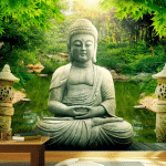 PAPIER PEINT LE JARDIN DE BOUDDHA - 400 X 280 CM - VERT ET GRIS