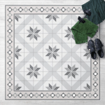 MICASIA - TAPIS EN VINYLE - GEOMETRICAL TILES RHOMBAL FLOWER GREY WITH BORDER - CARRÉ 1:1 DIMENSION HXL: 60CM X 60CM