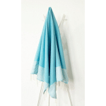 FOUTA 100 CM X 200 CM ZIWANE TURQUOISE CLAIR RAYURES BLANCHES - 100% COTON - FINITION FRANGES