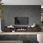 SKRAUT HOME - MEUBLE TV EFFET BOIS DE CHÊNE ET NOIR 315X35X50CM CHEMINÉE EFFET FEU