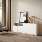 SKRAUT HOME - BUFFET SALON ET CUISINE, 207X80X37 CM, 4 PORTES, MEUBLE CHAUSSURE, BLANC ET CHÊNE SOFT