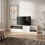 SKRAUT HOME - MEUBLE TV EFFET BOIS BLANC ET CHÊNE 207X37X50CM CHEMINÉE EFFET FEU