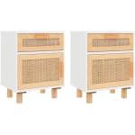 TABLES DE CHEVET 2PCS BLANC BOIS DE PIN MASSIF ET ROTIN NATUREL