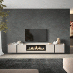 SKRAUT HOME - MEUBLE TV EFFET BOIS BEIGE 315X35X50CM CHEMINÉE EFFET FEU XXL