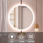 BIUBIUBATH - MIROIR ROND LED 60 CM, ANTI BUÉE LUMIÈRE BLANCHE FROID 6000K TACTILE MURAL, MIROIR DE SALLE DE BAIN