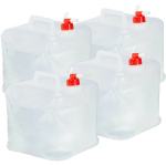 LOT DE 4 BIDONS PLIANTS, ROBINET, BOUCHON À VIS, POIGNÉE, EAU, CAMPING, 15 LITRES, TRANSPARENT/ROUGE - RELAXDAYS