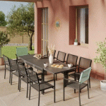 ENSEMBLE TABLE DE JARDIN EXTENSIBLE ALUMINIUM 135/270CM + 10 FAUTEUILS EMPILABLES CORDE ANTHRACITE ET VERT D'EAU - YERAZ AVRIL PARIS