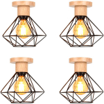 4 PACK RÉTRO PLAFONNIER VINTAGE CAGE EN MÉTAL ET BOIS E27 LUSTRE LAMPE PLAFOND POUR COULOIR ESCALIER CHAMBRE NOIR