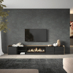SKRAUT HOME - MEUBLE TV EFFET BOIS NOIR ET CHÊNE 315X35X50CM CHEMINÉE EFFET FEU XXL