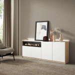 SKRAUT HOME - BUFFET EFFET BOIS BLANC ET CHÊNE 207X37X80CM CHEMINÉE EFFET FEU