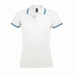 POLO PERSONNALISABLE FEMME EN COTON PEIGNÉ BLANC/AQUA