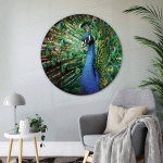 K&L WALL ART - TABLEAU EN MÉTAL ROND MÉTALLISÉ PAON ROI OISEAU PLUME DE PAON NATURE PHOTOGRAPHIE Ø 45CM - VERT