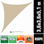 VOILE D'OMBRAGE UV 3,6X3,6X5,1 HDPE TRIANGLE PROTECTION SOLAIRE TOILE IVOIRE - BEIGE