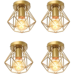 LOT DE 4 DIAMANT PLAFONNIER INDUSTRIELLE CAGE DIAMANT E27 LUSTRE SUSPENSION LUMINAIRE DE PLAFOND EN MÉTAL DORÉ