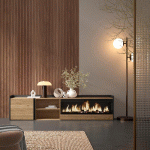 SKRAUT HOME - MEUBLE TV EFFET BOIS DE CHÊNE ET NOIR 212X35X50CM CHEMINÉE EFFET FEU