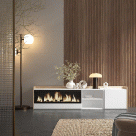 SKRAUT HOME - MEUBLE TV EFFET BOIS BLANC ET CHÊNE 212X35X50CM CHEMINÉE EFFET FEU XXL